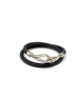 Hermes Jumbo Bracelet Leather Black Bangle Silver